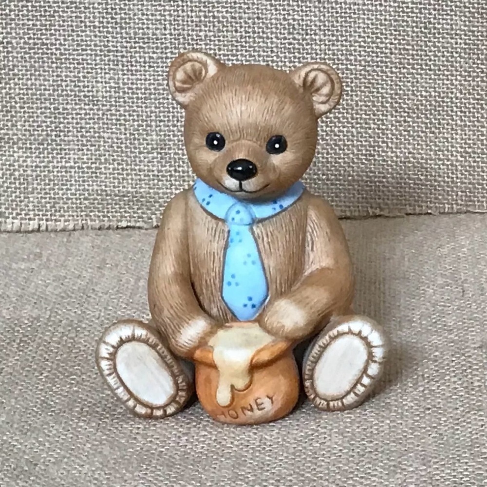 Vintage Homco Teddy Bear In Tie with Honey Pot Figurine Cottage Core Whimsical